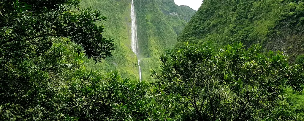 Vue sur la spectaculaire cascade blanche en amoureux à Salazie